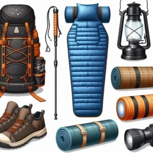 image of ready to use outdoor gear laid out to pack for a camping trip