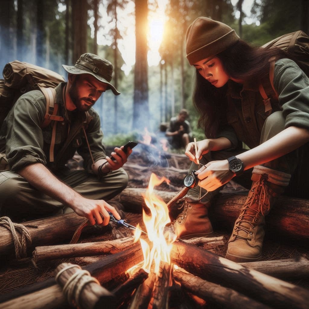 A man and woman using essential outdoor skills with a navigation device and fire going