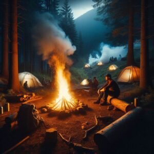 Image of a campsite at night with tents in the background in an amazing outdoor setting