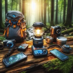 Image of smart outdoor gear on display in a pine forest