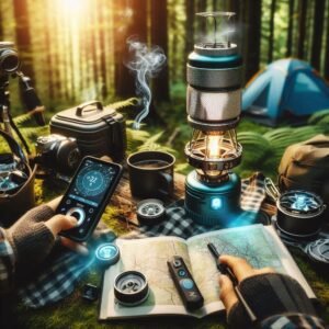 Smart gear for camping being displayed in a wilderness setting by outdoor tech lab