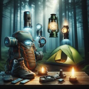 smart outdoor gear hanging in the forest at night