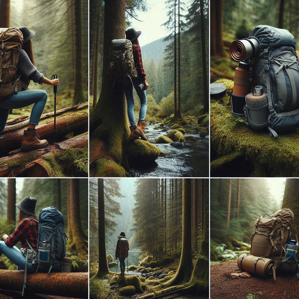 multiple shots of women's outdoor gear being used in the wilderness