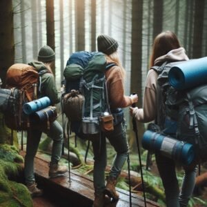 women's outdoor gear being used hiking in this image from the deep woods