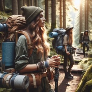 three women hikers with packs on in the forest