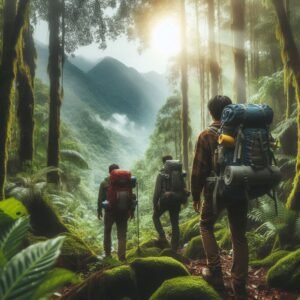 Three hikers on a backpacking trip in an amazing Asian forest