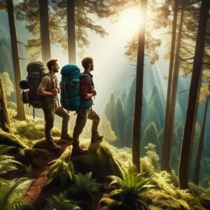 Two backpackers enjoying an awesome mountainside view on the trail