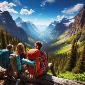 Women out on a backpacking trip relaxing for a forest valley view