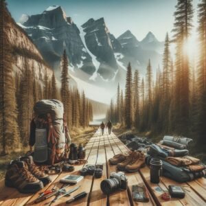 amazing shot of two hikers in the distance on a boardwalk in the wilderness