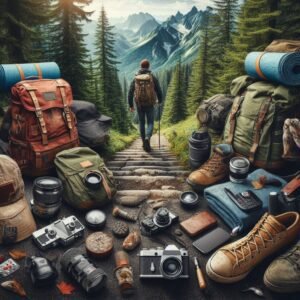 hiking gear laid out near the trail with a hiker walking away